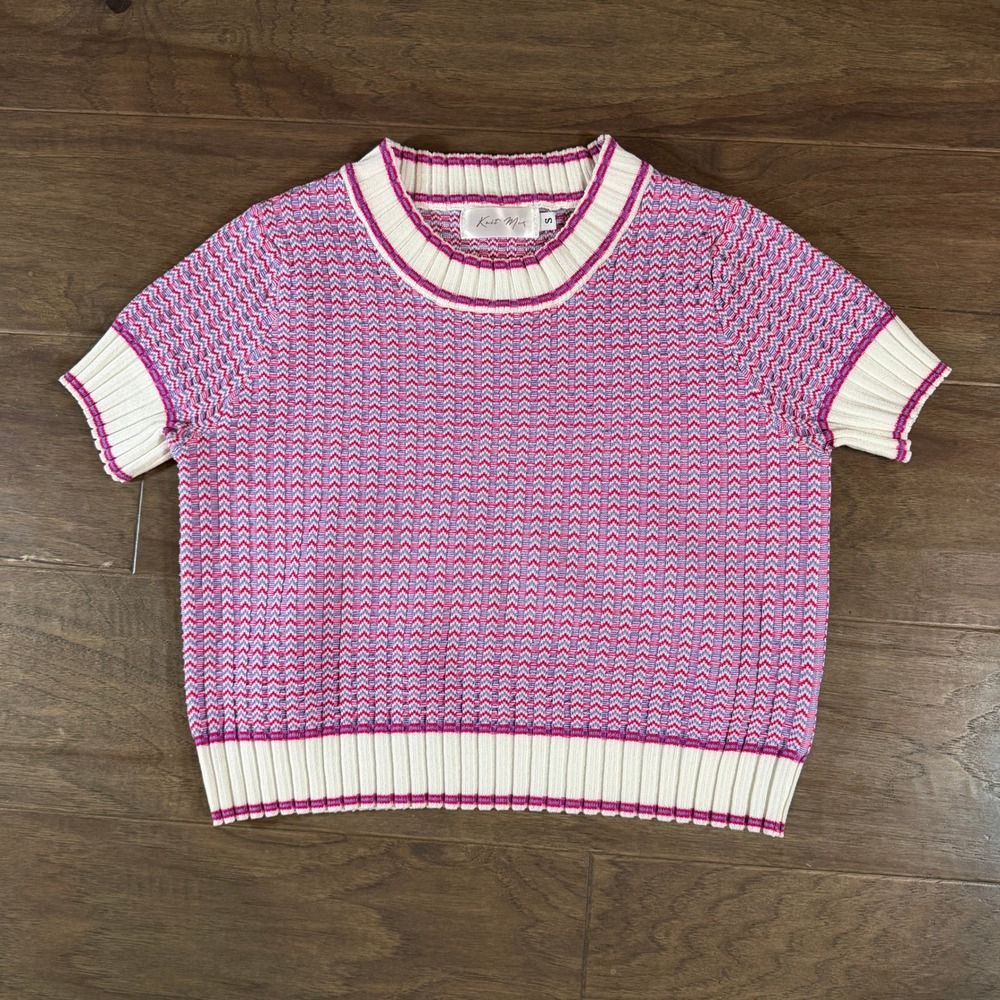 Knit Mix Womens Short Sleeve Chevron Sweater Top Pink‎ Purple White Size S